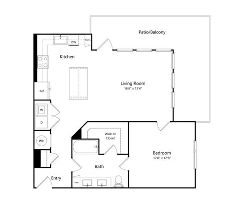 A floor plan of a home with a living room, kitchen, bath, bedroom and walk-in closet.